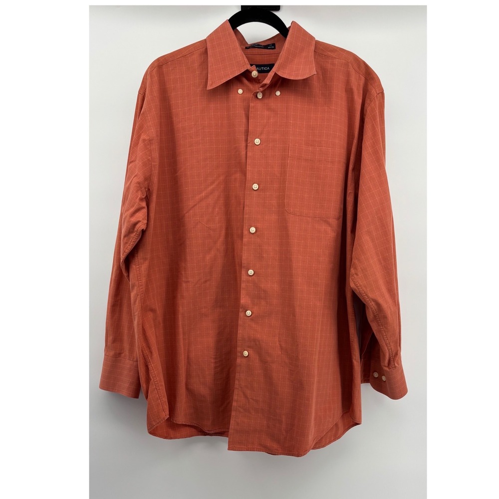 Nautica Mens Burnt Orange Windowpane Check Button Down Shirt 17 34/35 L/XL